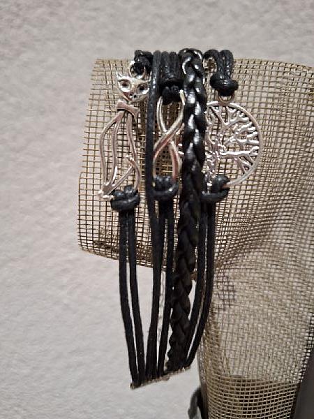 Armband zwart met kat, levensboom en infinity