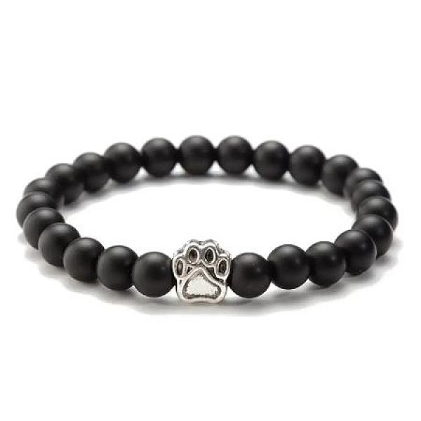 Zwart stenen armband met zilveren kattenpootje